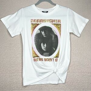 NEW Sonny & Cher Sequin Graphic Tee Shirt Youth M White/Black 70s Retro Knotted